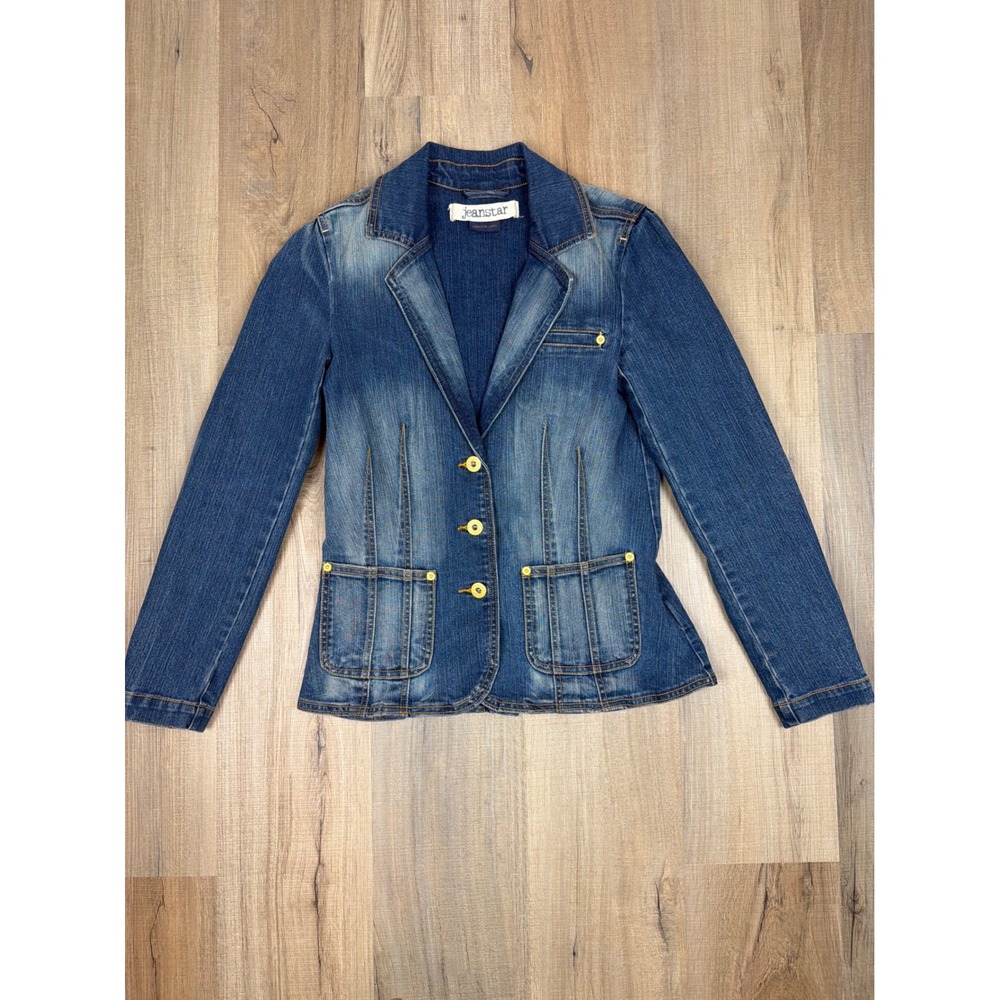 Vintage Jeanstar Y2K Denim Trucker Blazer Blue Star Embroidery Puff Sleeve Med